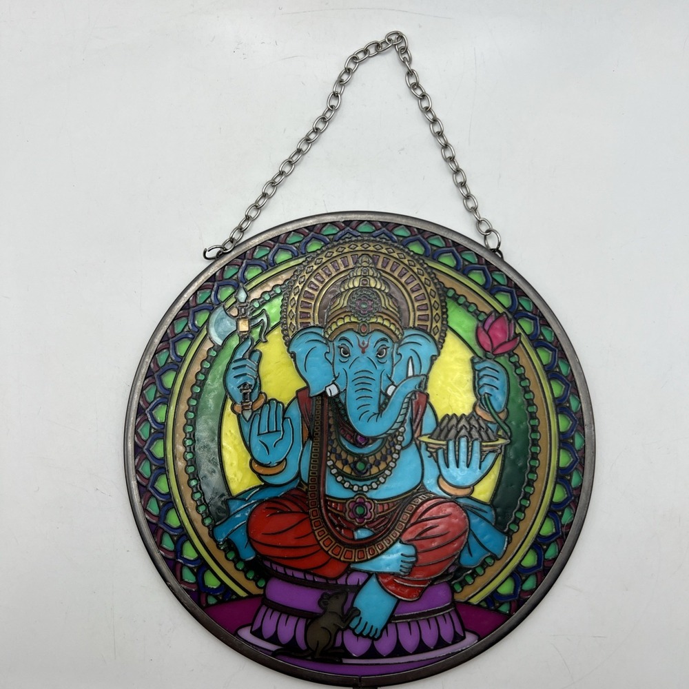 GANESHA SUNCATCHER 6" Round Stained Glass Style Window Hanging Hindu Elephant